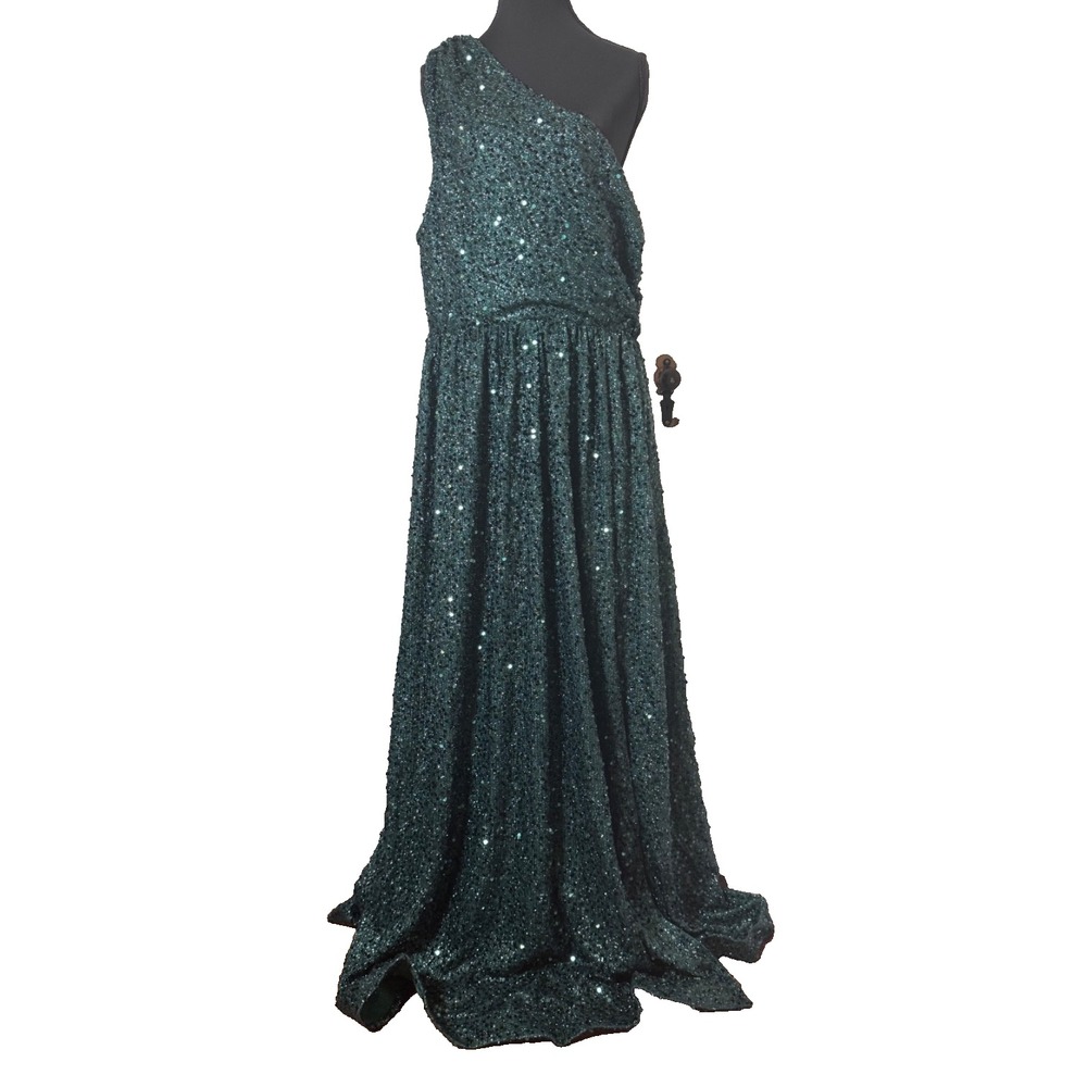Faeriesty‎ 1X Emerald Green Sequin One-Shoulder Holiday Gown Formal Dress Slit